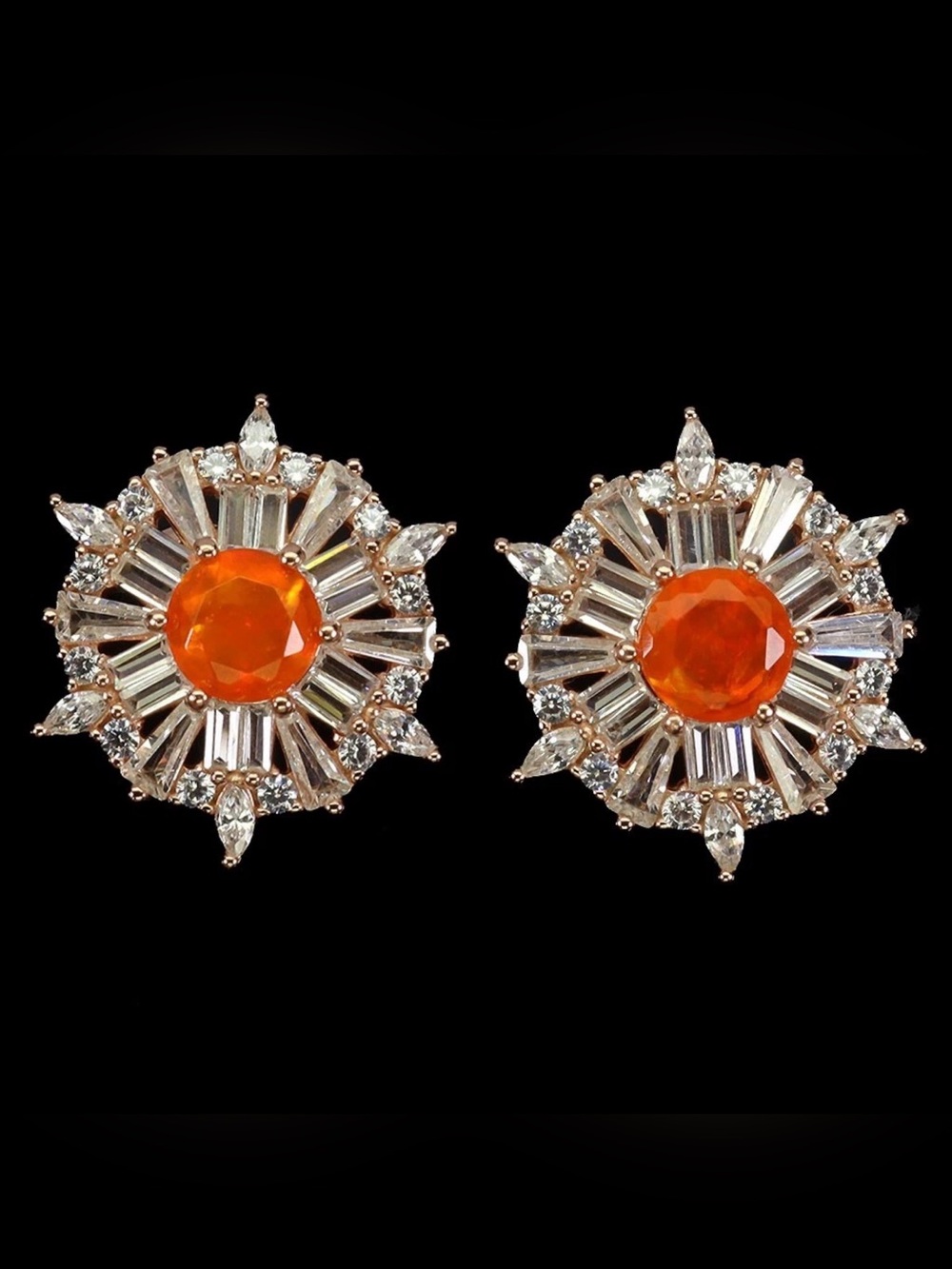 Natural Orange Fire Opal 6mm Sunburst with Zircon Earrings in 14K Rose Gold